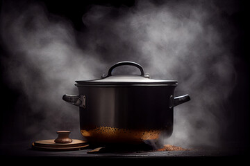 Metal pot with open lid and hot splashing boiling steam, Dark background. Abstract illustration.