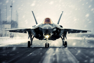 Military aircraft Maneuvering in a Winter Snowstorm. AI generated. - obrazy, fototapety, plakaty