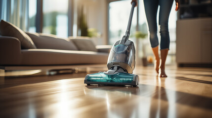 Young woman vacuuming the floor in the living room at home