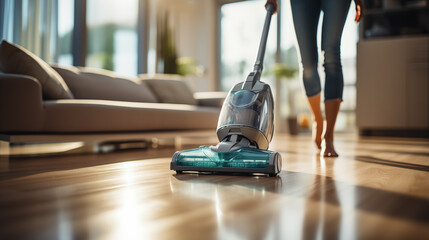 Fototapeta premium Young woman vacuuming the floor in the living room at home