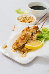 Chicken kebabs with peanuts on skewers with a slice of lemon and lettuce, Asian cuisine.