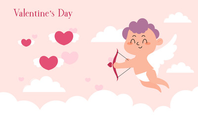 Valentine's Day Illustration with Cute Cupid Isolated on the Sky Clouds Background