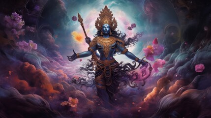Vishnu in a cosmic scene, symbolizing the preservation and balance of the universe