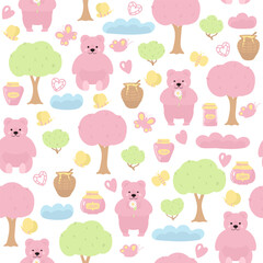 Cute kids seamless pattern with pink bears, bees, hearts, honey, clouds, bushes, trees, butterflies and jam jars.Pattern for boys and girls. Square pattern for printing on changeable white background.