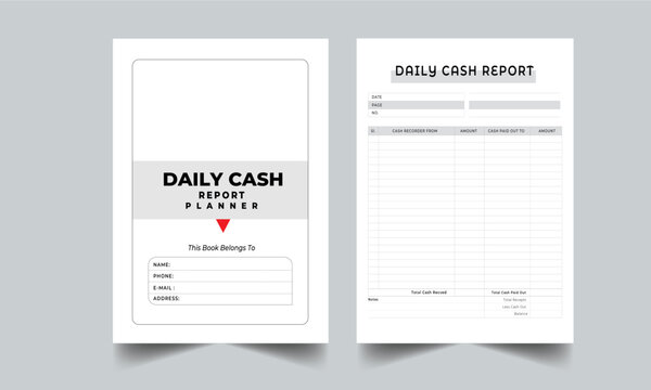 Daily Cash Report Planner with cover page layout design template.