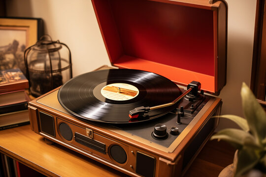 Vintage turntable with vinyl disc retro sound technology. Generative AI
