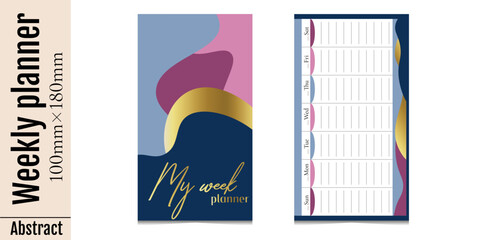 Horizontal template with cover for weekly planner with days of the week, without dates. The week starts on Sunday. Abstract shapes with gold waves. Isolated on white background.