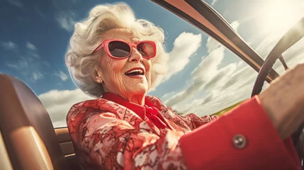 Foto auf Acrylglas Antireflex Photo of attractive comic retired senior woman hold steering wheel shocked driver wear trendy pastelle clothes cartoon style © Olga