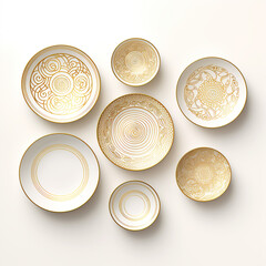 panel collection of ceramic plates with luxurious gold painting on a white background