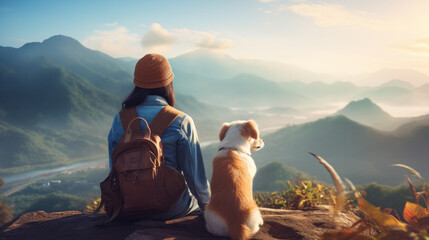 young woman with backpack and dog standing on mountain in front of forest and lake - obrazy, fototapety, plakaty