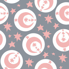 Starry night seamless vector pattern with moon, stars and clouds. Boho style decorative background for wallpaper, digital paper, wrapping design, fashion fabric, textile print. Hand drawn illustration