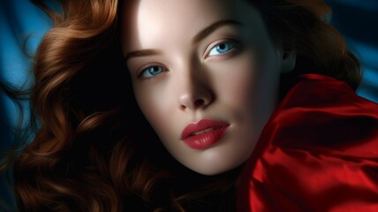 Naklejka premium Blue-Eyed Beauty with Vibrant Red Lipstick - Fashion Portrait