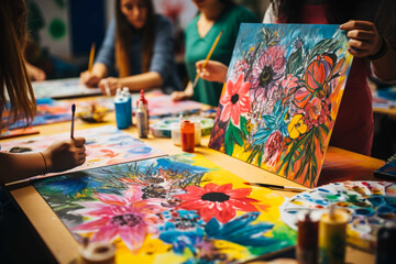 A photograph of a vibrant art therapy session, showcasing the power of creative outlets in promoting emotional expression and healing for individuals with mental health challenges - obrazy, fototapety, plakaty
