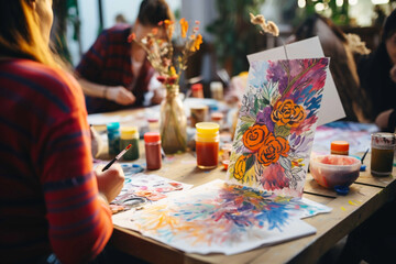 Vibrant art therapy session, showcasing the power of creative outlets in promoting emotional expression and healing for individuals with mental health challenges - obrazy, fototapety, plakaty
