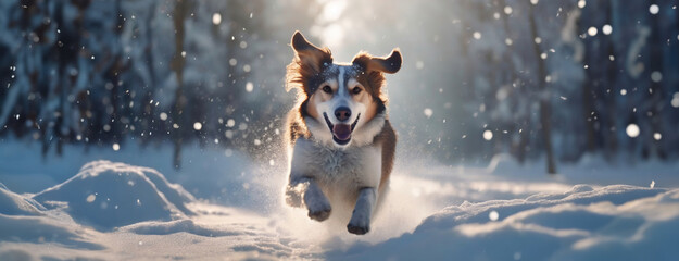 Happy running dog on winter snow forest background at sunny shiny day. Panorama with copy space.