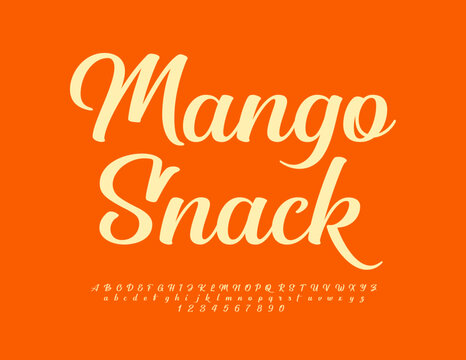 Vector stylish template Mango Snack. Beautiful Cursive Font. Modern style Alphabet Letters, Numbers and Symbols