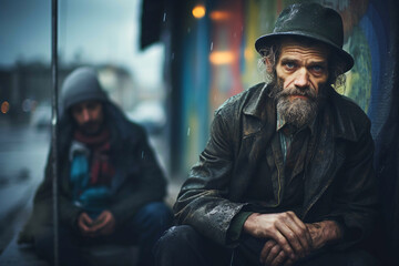 Unhappy homeless man with expressive eyes and mental illness sits on a cold street - obrazy, fototapety, plakaty