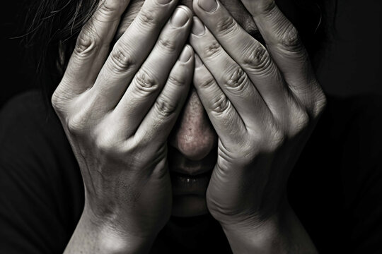 A close-up photograph of a man's hands clutching their head, depicting the intense emotional pain and distress caused by mental health issues