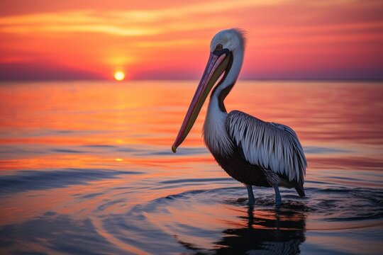 Photo of a pelican's elegant silhouette against the sunset. Generative AI