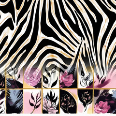 Zebra texture with watercolor flowers pattern, animal texture, colorful flowers, wallpaper, textile print.