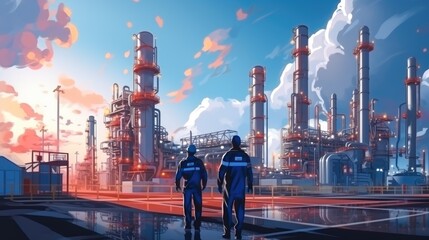 Fototapeta na wymiar Engineers working at petrochemical and oil refinery plants