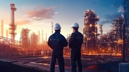 Fototapeta premium Engineers working at petrochemical and oil refinery plants