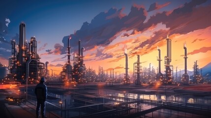 Obraz premium Engineers working at petrochemical and oil refinery plants