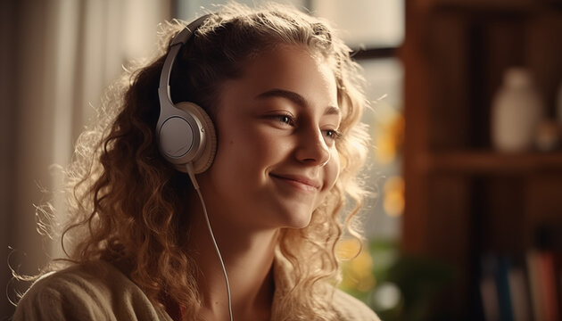 A Realistic Portrait of an Energetic Woman Enjoying Music in a Sunlit Living Room