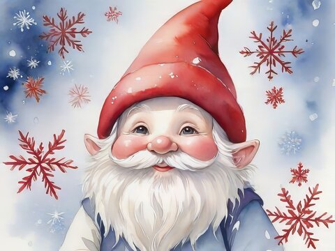 un alegre gnomo navide&ntilde;o, con un sombrero rojo vibrante y rodeado de delicados copos de nieve
