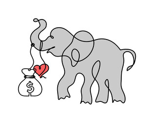Silhouette of color abstract elephant with dollar as line drawing