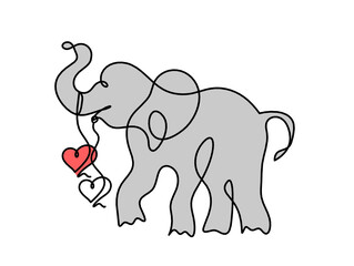 Silhouette of color abstract elephant with heart as line drawing