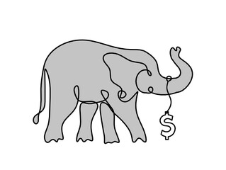 Silhouette of color abstract elephant with dollar as line drawing