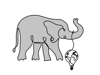 Silhouette of color abstract elephant with light bulb as line drawing