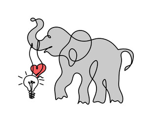 Silhouette of color abstract elephant with light bulb as line drawing
