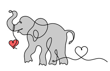 Silhouette of color abstract elephant with heart as line drawing