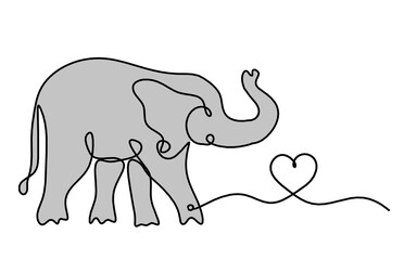Silhouette of color abstract elephant with heart as line drawing