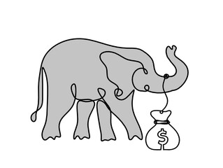 Silhouette of color abstract elephant with dollar as line drawing