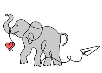 Silhouette of color abstract elephant with paper plane as line drawing