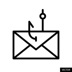 Email phishing, E-mail spoofing, fishing hook catching personal electronic mail data icon in line style design for website, app, UI, isolated on white background. Editable stroke. Vector illustration.