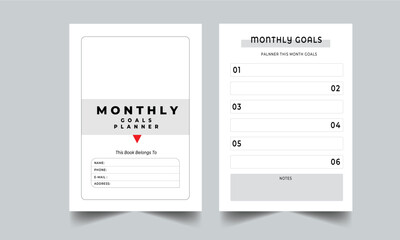 Monthly Goals Planner with cover page layout design template.