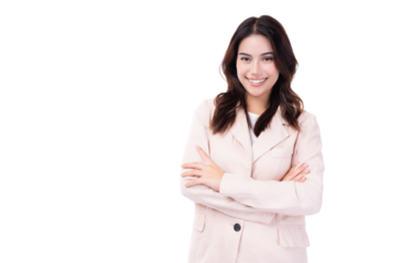 Young business lady arms crossed self confident person worker friendly smile good mood wear pink suit isolated pink color background Businesswoman in business suit smiling and looking at camera