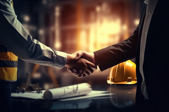 Architect And Engineer Construction Workers Shaking Hands While Working For Teamwork And Cooperation Concept.