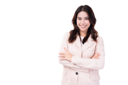 Young business lady arms crossed self confident person worker friendly smile good mood wear pink suit isolated pink color background Businesswoman in business suit smiling and looking at camera