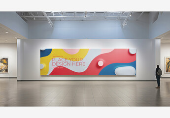 Stunning Gallery Frame Mockup Template: Person in Large Room with Paintings on Walls, Backpacker Admiring White Wall Art