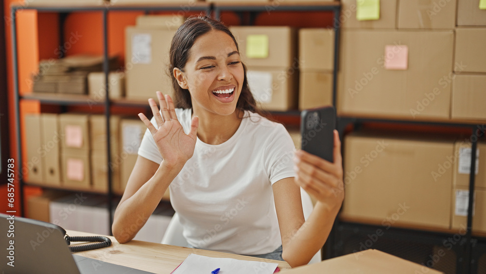 Canvas Prints African american woman ecommerce business worker having video call at office