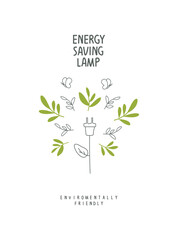 Vector illustration of Environmentally friendly planet. Hand drawn cartoon sketch of 
of Energy saving eco lamp. LED lamp with green leaf.  Alternative green energy concept. Sustainable lifestyle. Thi