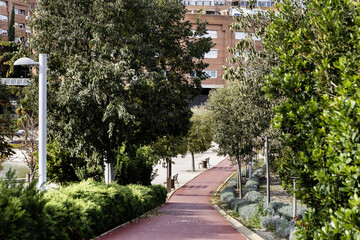 A bike lane with red pavement surrounded by trees in the middle of an urban park