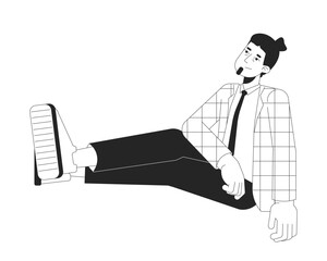 Office worker sitting high power pose black and white 2D line cartoon character