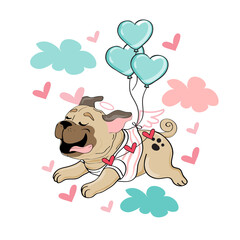 Cute cartoon pug dog flies in a hot air balloon on a white isolated background. Vector illustration for Valentine's Day and birthday