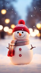 Obraz premium Super cute little snowman in the street wearing knitted Santa hat. AI generated image